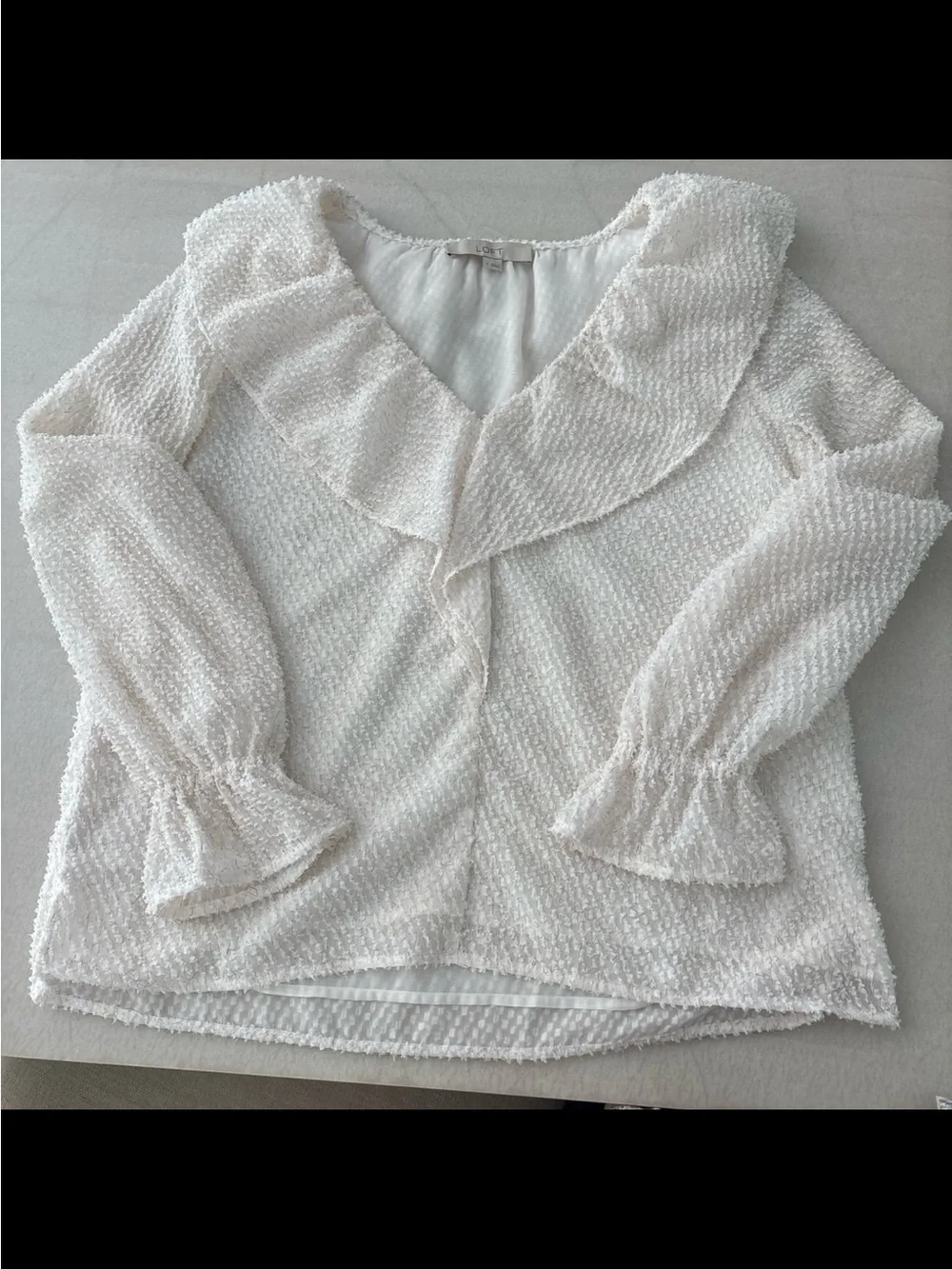 LOFT Ivory Ruffle-Trim Metallic Knit Blouse